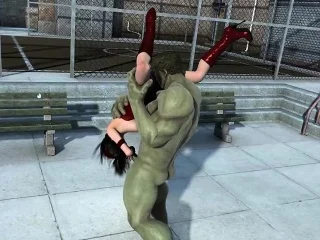 Big titted babe fucked by green HULKs humongus cock