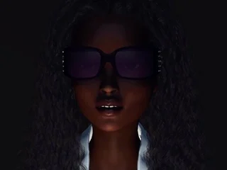 Female android plays with an alien in the sci-fi lab