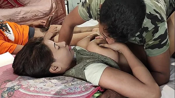 Two boys fucks one horny girl in sexy threesome  Amateur blowjob threesome